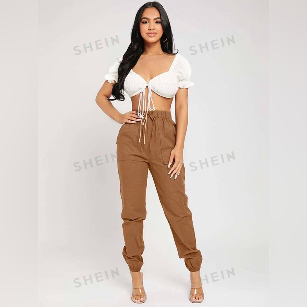 High Waist Knot Tie in Front Elasticband Waist Jogger Pants 🤎